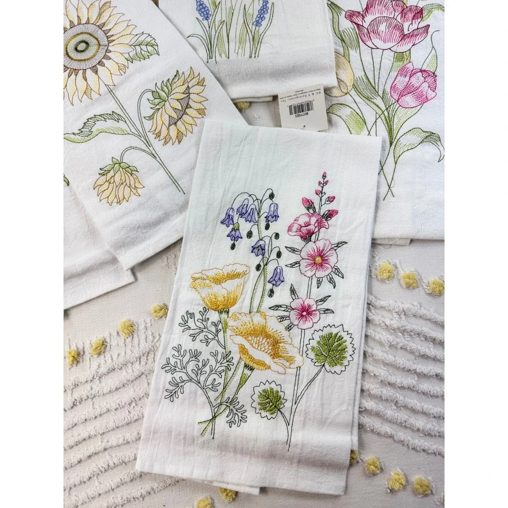 C&F Home Floral Embroidered Flour Sack Kitchen Towels Set of 5 Cotton White New